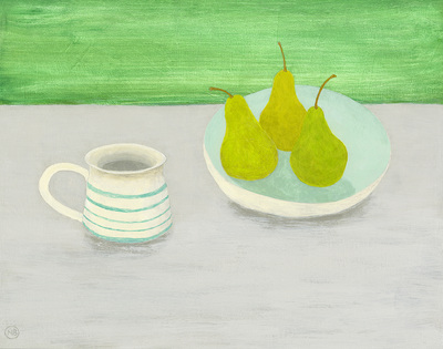 Nicola Bond painting, Green Striped Mug with Pears