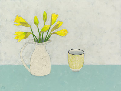 Nicola Bond painting, Daffodils with Lime Beaker