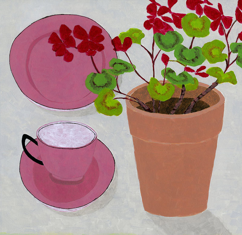 Nicola Bond painting, Geranium With Pink Tea Set