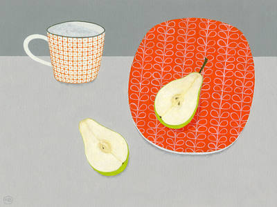 Nicola Bond painting, Pear with Orange Plate & Bloomingville Mug