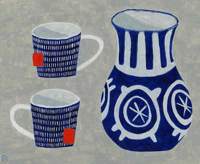 Nicola Bond painting, Blue Dash Mugs With Vase