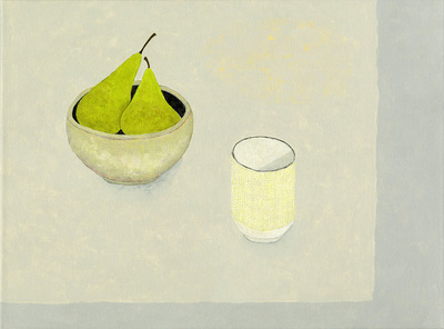 Nicola Bond painting, Pears and Beaker on Soft Grey