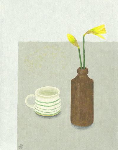 Nicola Bond painting, Green Striped Mug with Daffodils