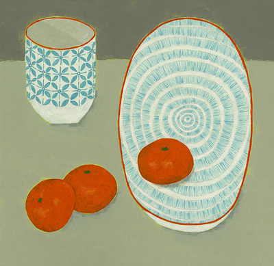 Nicola Bond painting, Mandarins with Teal Plate & Beaker