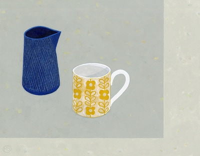 Nicola Bond painting, Blue Jug and Patterned Mug on Soft Grey