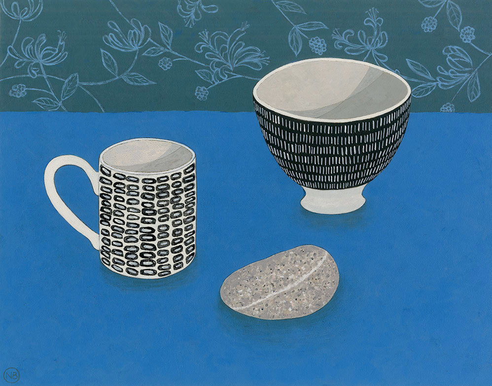 Nicola Bond painting, Cornish Pebble with Mug & Bowl on Blue
