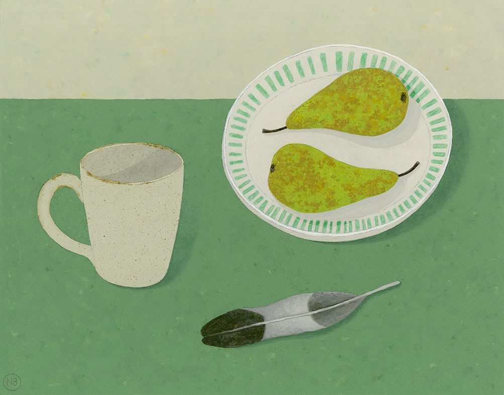 Nicola Bond painting. Pears, Feather and Mug on Dark Green