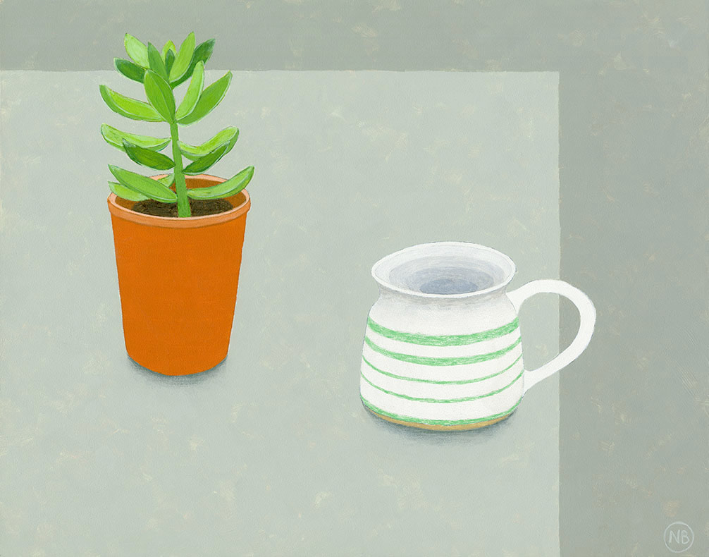 Nicola Bond painting, Succulent with Green Striped Mug