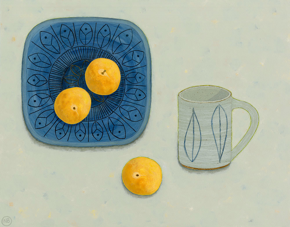 Nicola Bond painting. Troika Plate with Leach Mug & Golden Plums