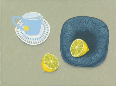 Nicola Bond painting, Troika Plate with Lemon and Ginny's Tea Cup