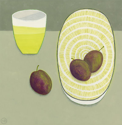 Nicola Bond painting, Victoria Plums with Yellow Green Plate & Beaker