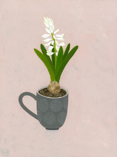 Nicola Bond painting, White Hyacinth on Dusky Pink